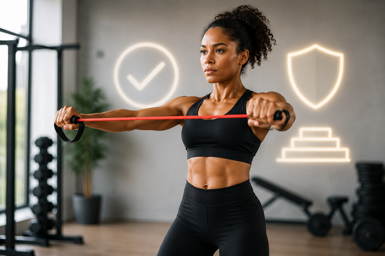 Proper form demonstration for various resistance band exercises