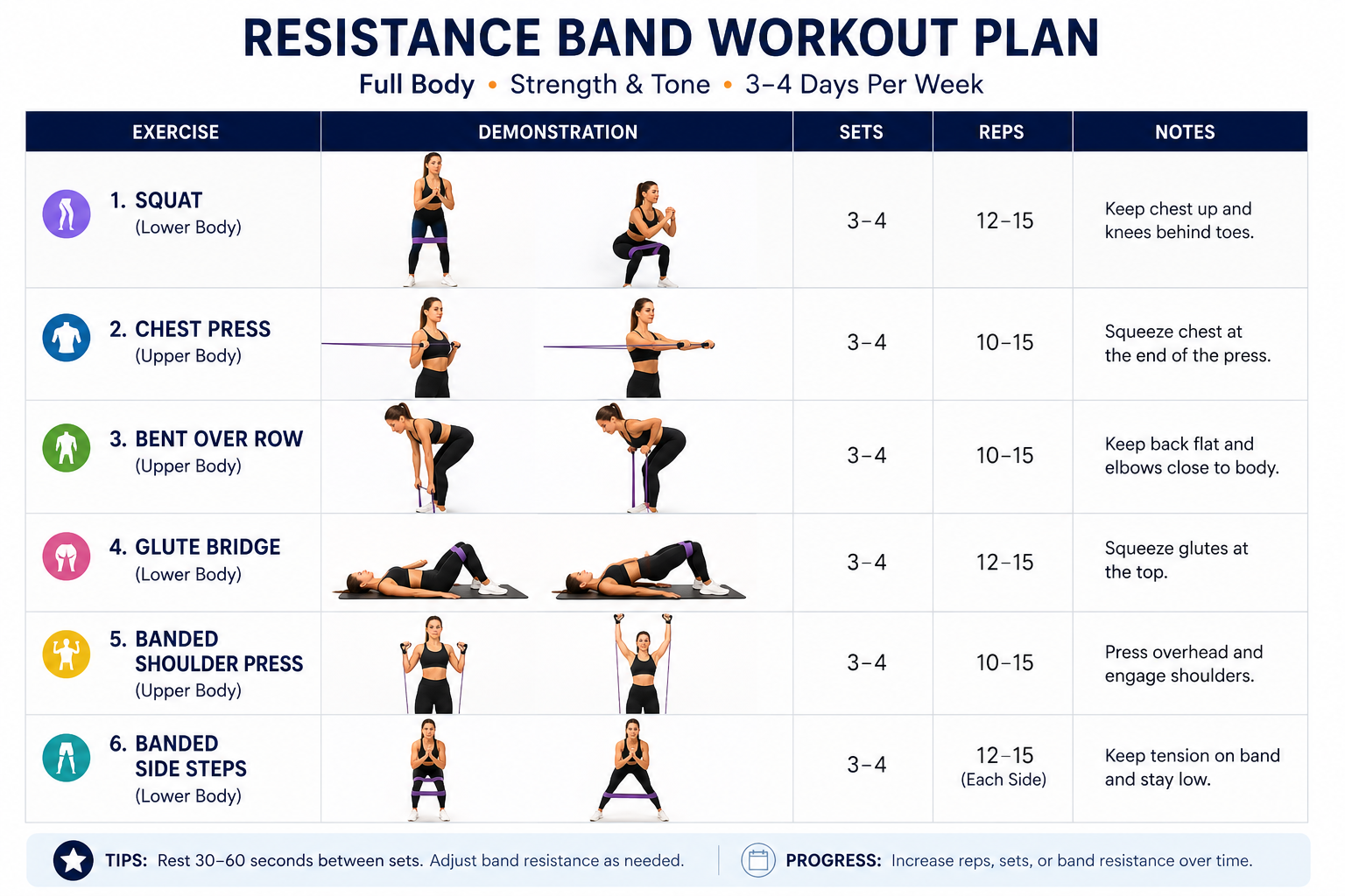 Sample resistance band workout plan showing exercise selection, sets, reps, and rest times