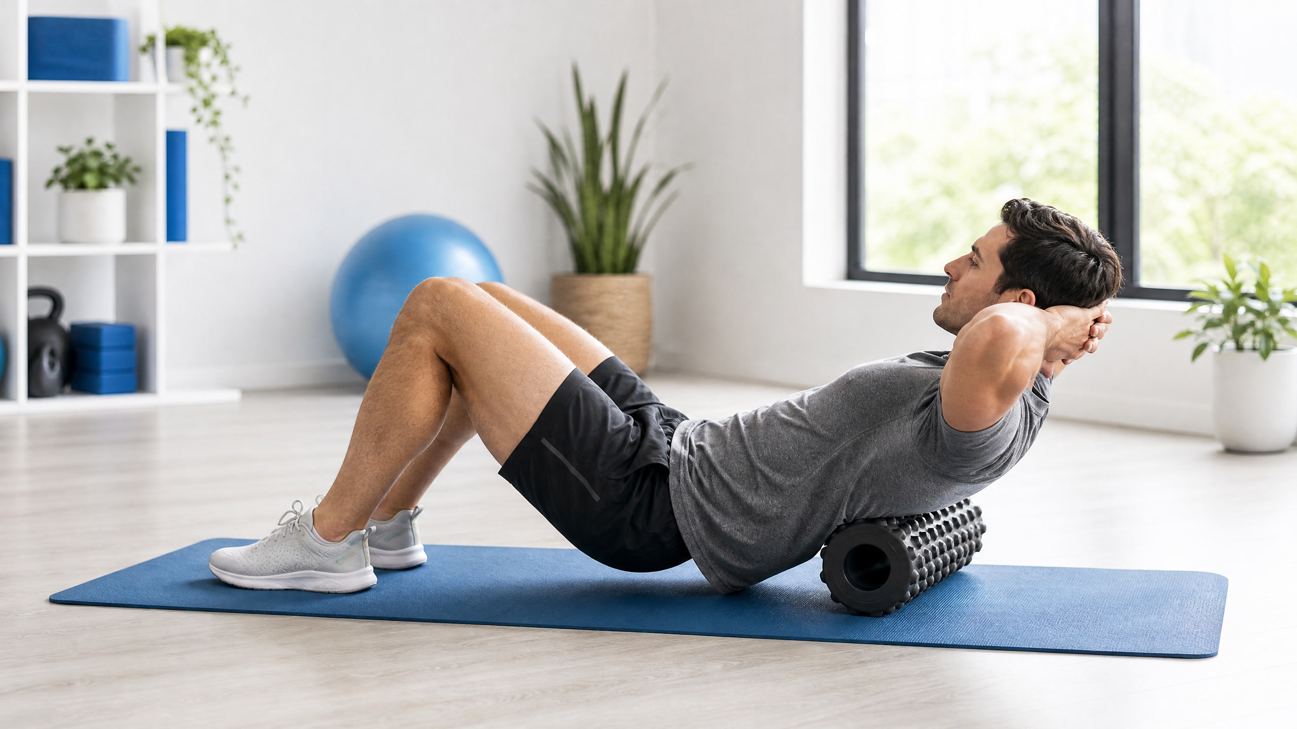 Person using a foam roller during a recovery session in a bright home fitness studio