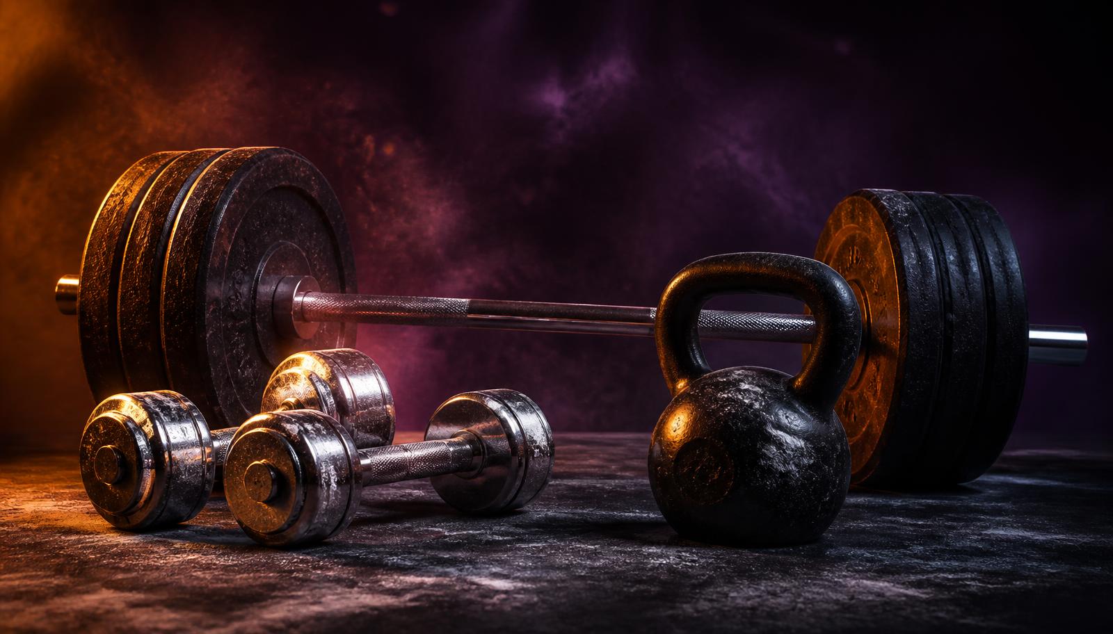 Free weights collection – dumbbells, barbells, and kettlebells