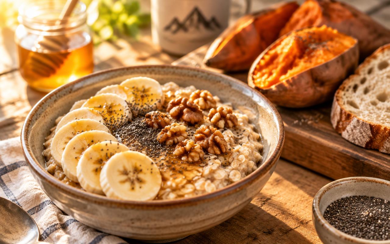 Complex carbohydrates including oats, banana, honey, chia seeds, and sweet potato