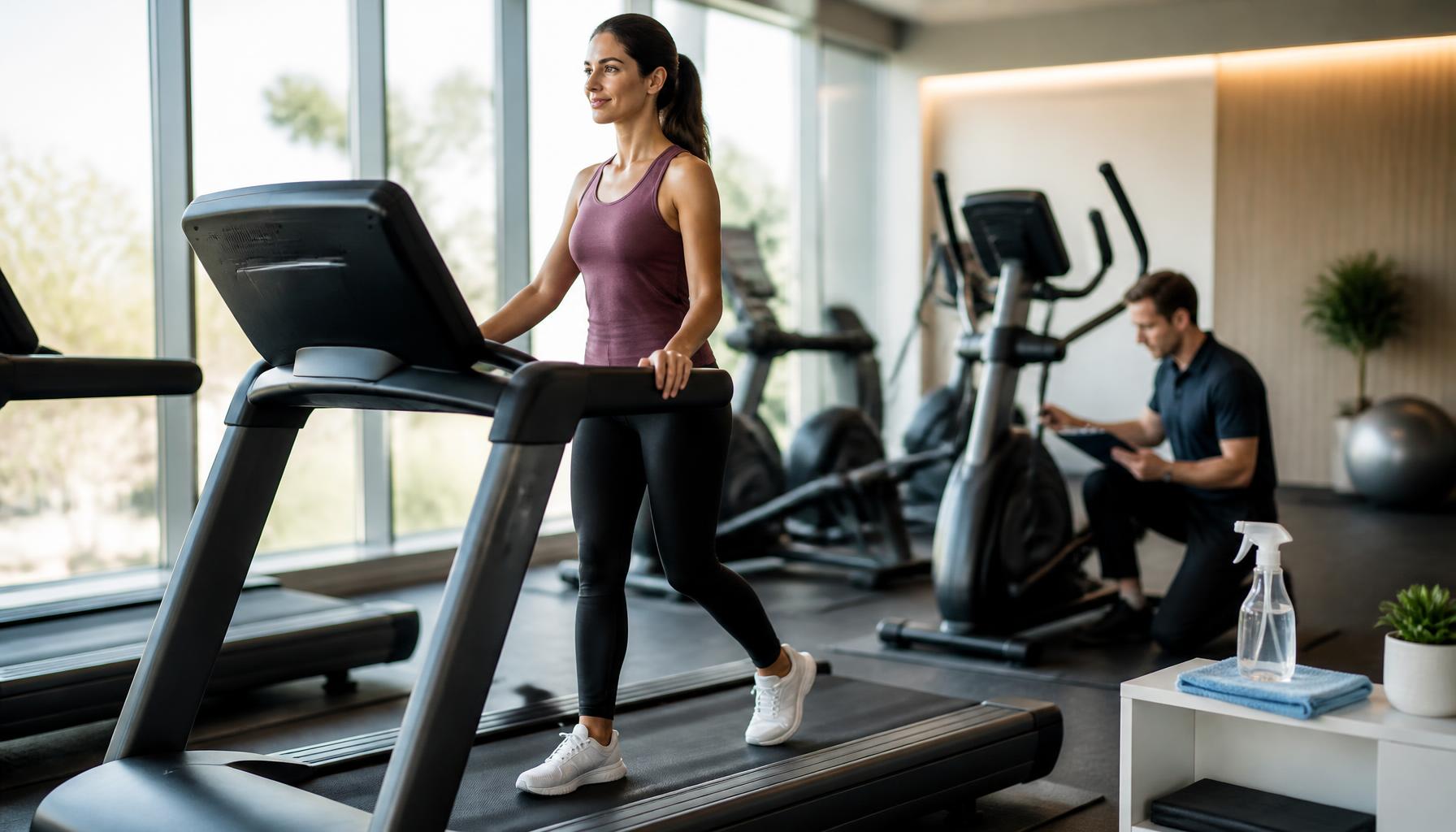 Person cleaning and maintaining a treadmill at home