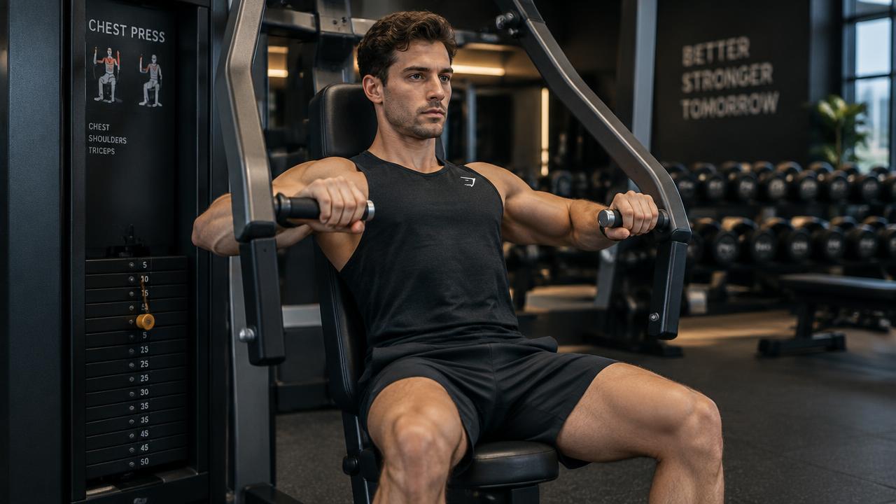 Athlete performing a controlled repetition on a seated chest press machine