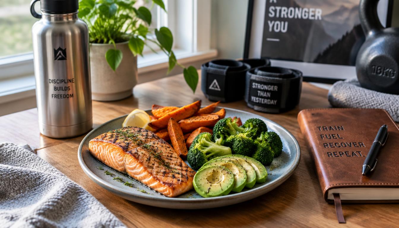 A nutrient-dense post-workout recovery meal with salmon, sweet potatoes, and gym gear