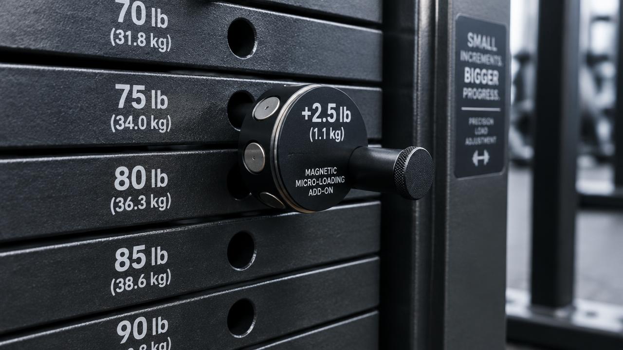 Magnetic micro-loading add-on weight on a gym weight stack pin