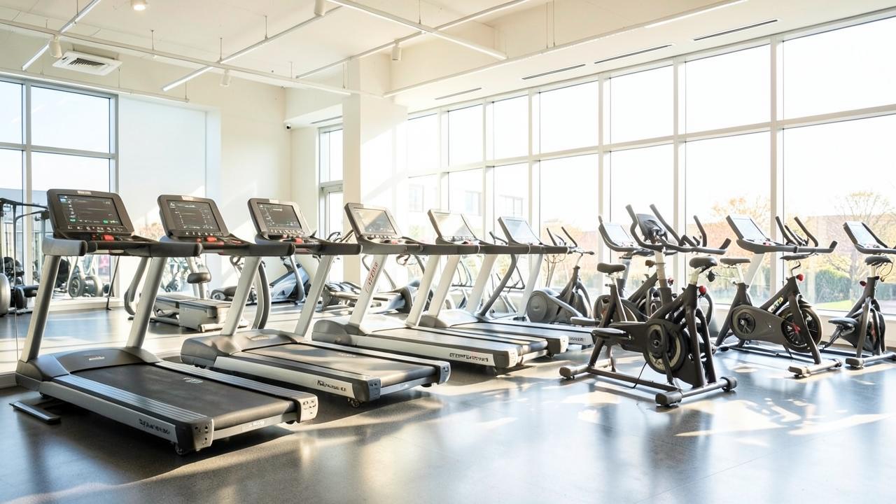 Row of treadmills and exercise bikes in a bright modern gym