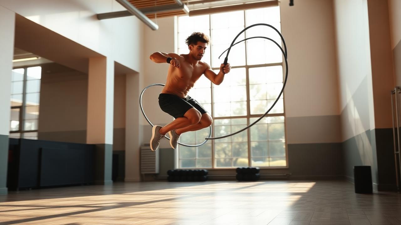 Athlete performing a jump rope double under in a bright gym