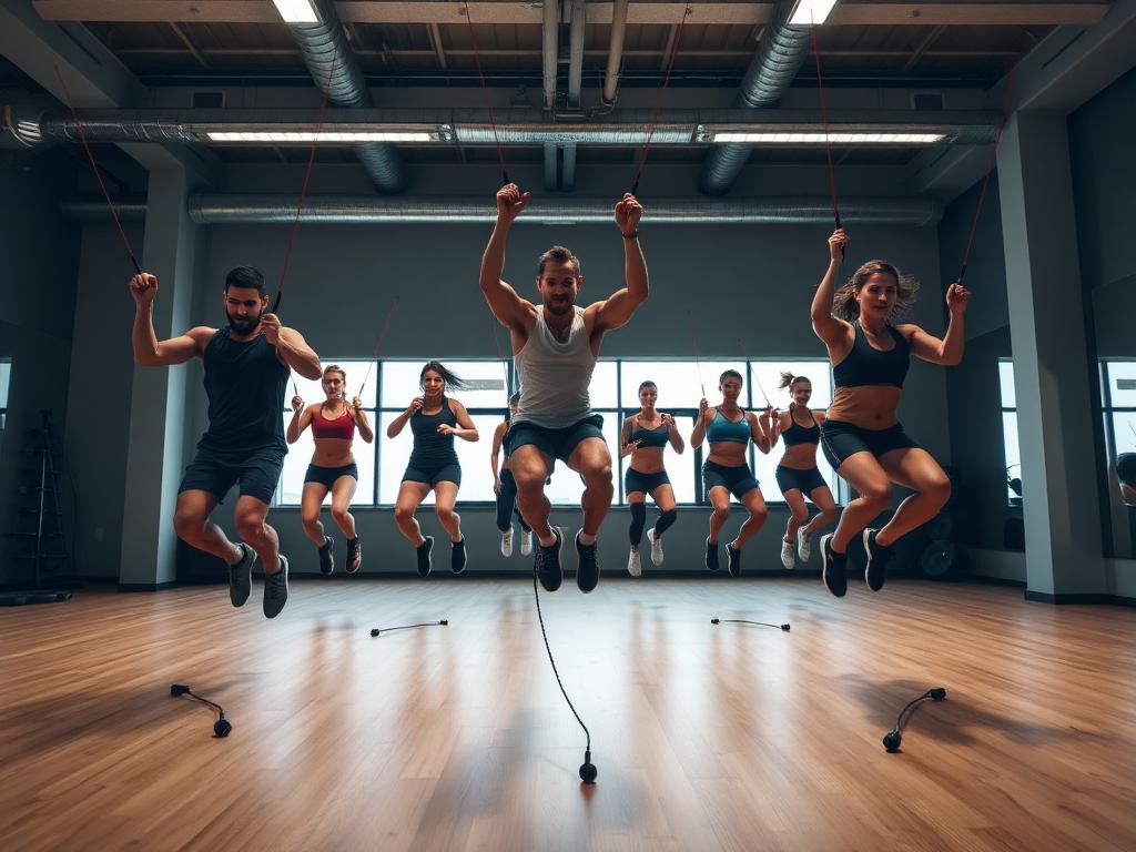 Group HIIT jump rope workout in a fitness studio