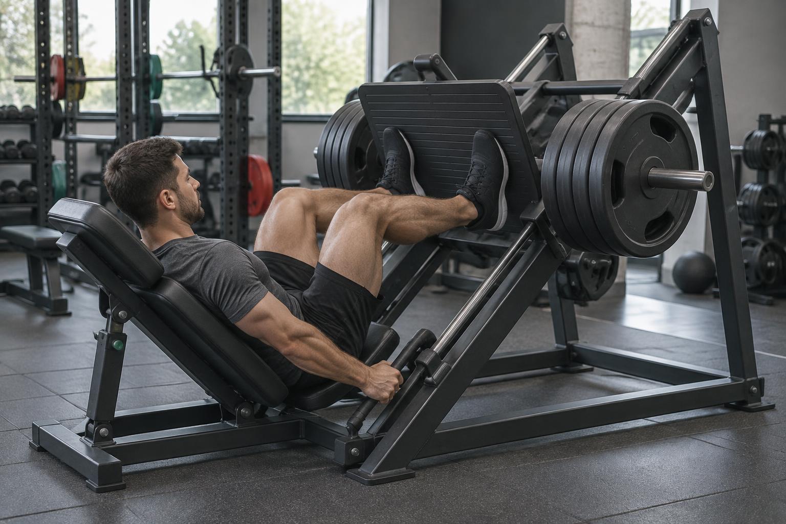 Lifter using a 45-degree sled leg press with feet centered on the platform and back against the seat