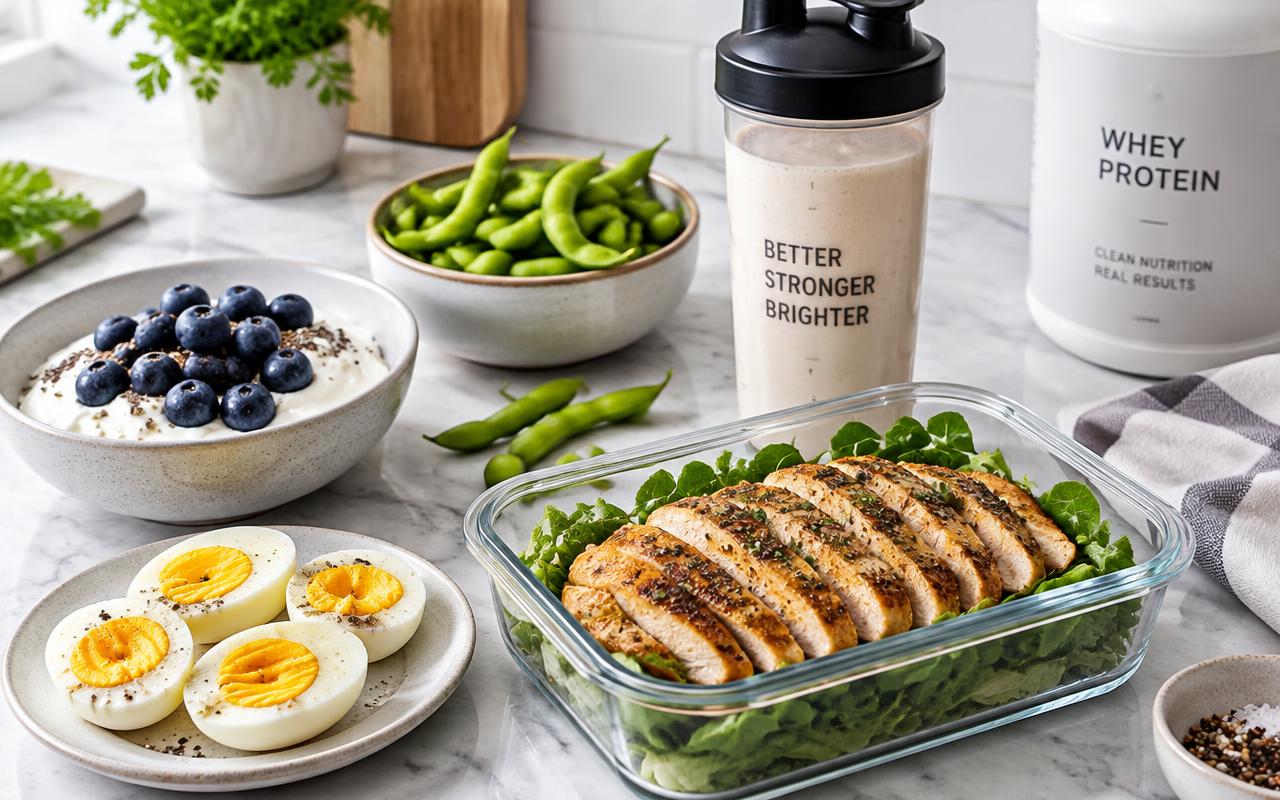 High-protein meal prep with grilled chicken, eggs, Greek yogurt, and protein shake