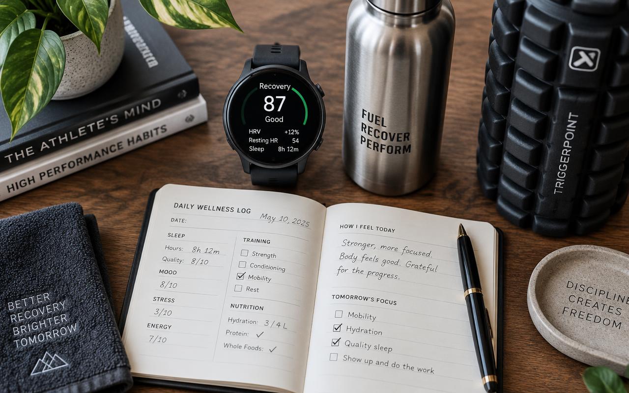 Smartwatch recovery vitals, wellness journal, and hydration tracking