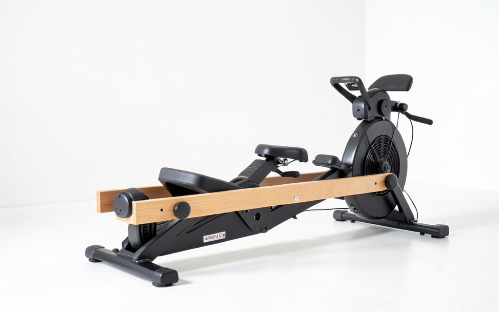 Indoor rowing machine with wooden rail