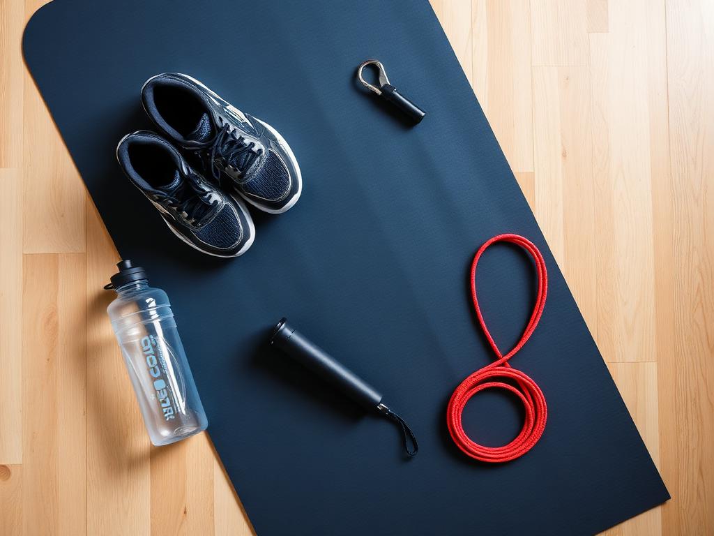 Flat lay of jump rope safety gear: shoes, mat, water bottle
