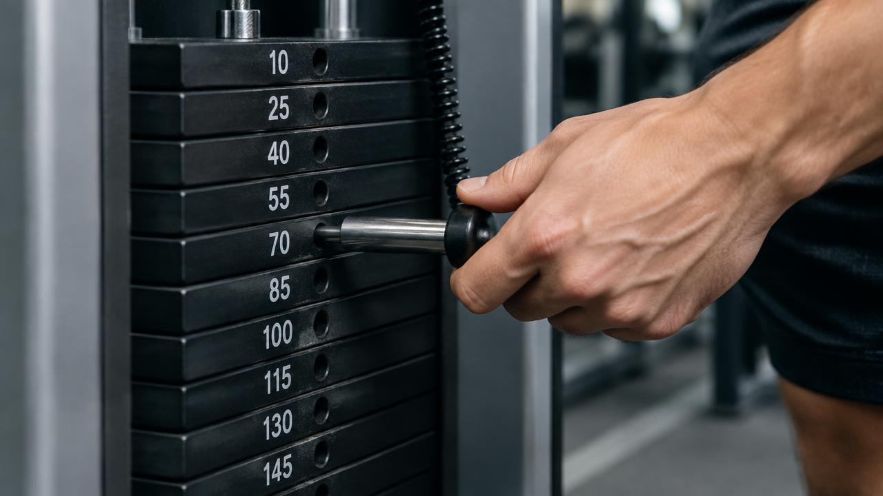 Close-up of hand inserting selector pin into a gym weight stack