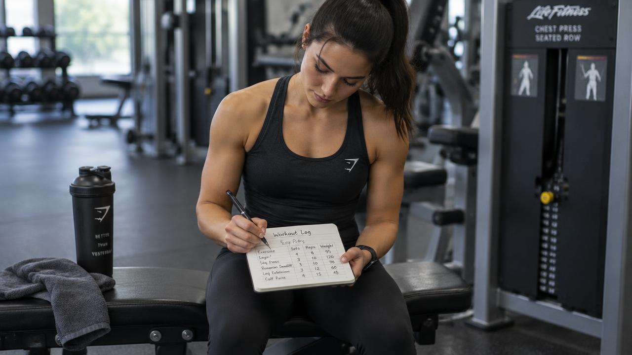 Lifter logging exercise sets, reps, and load in a training journal between sets