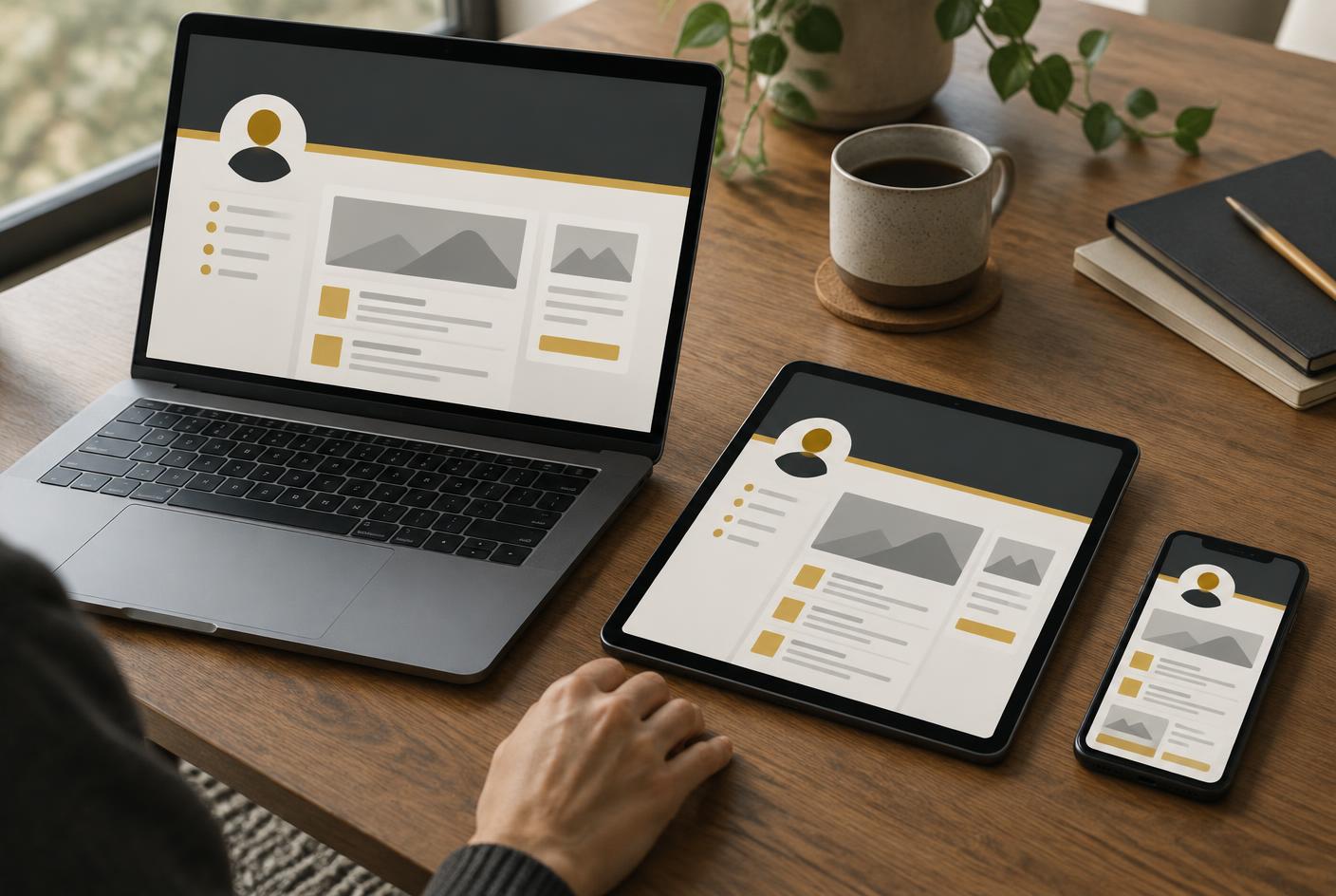 Creator profile shown consistently on laptop, tablet and phone